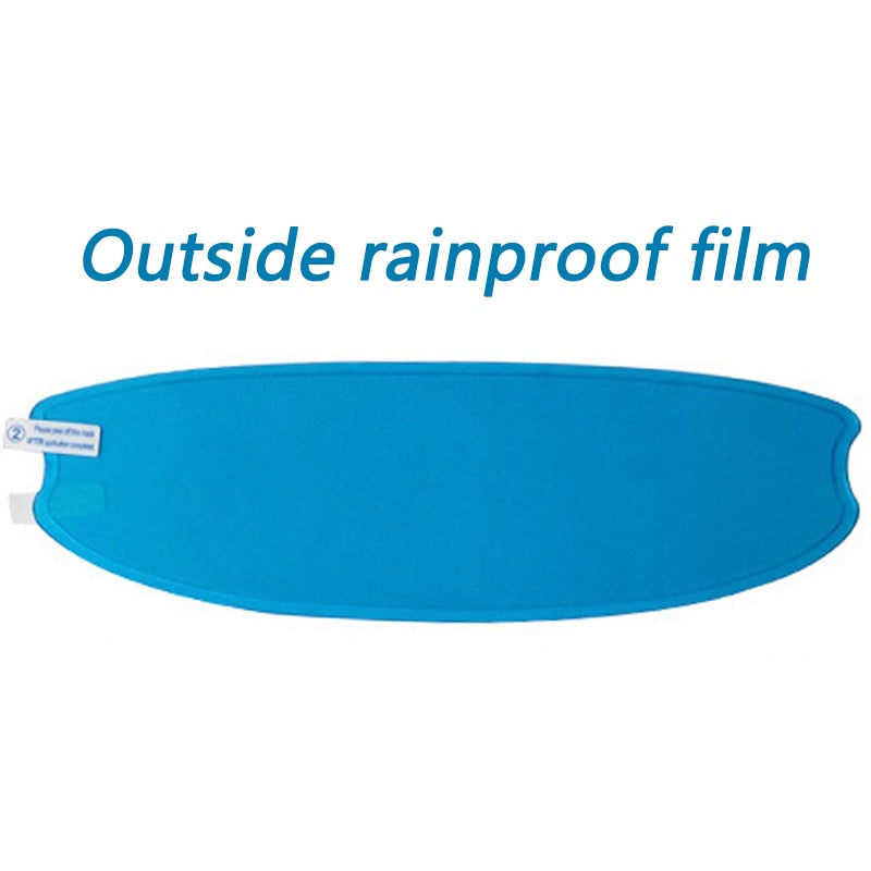 A universal blue waterproof mask with the words Universal Motorcycle Helmet Anti-fog Film outside rainproof film.