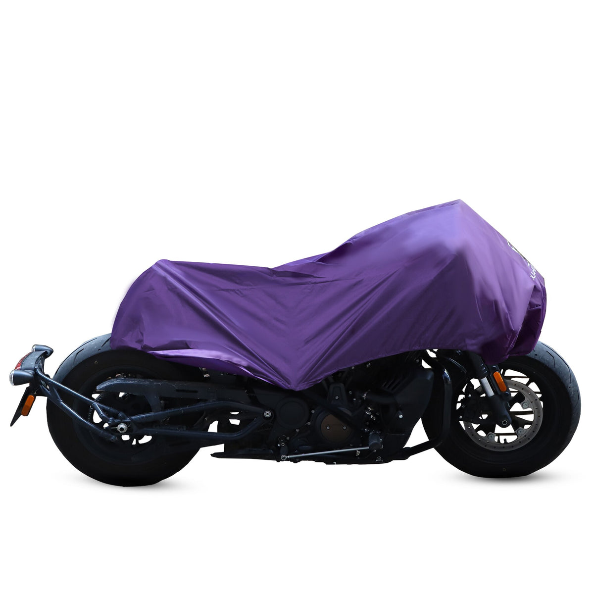 A purple Motorcycle Half Cover made from 210T polyester fabric is draped over a motorcycle, discreetly concealing its details while offering reliable protection, leaving only the wheels and part of the frame visible.