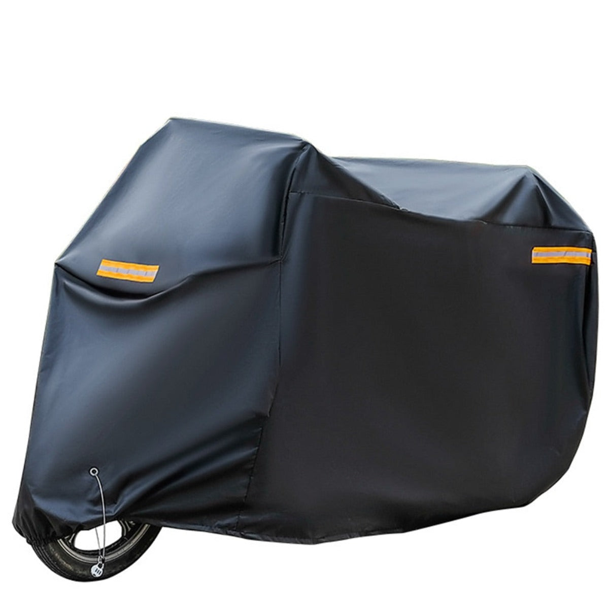 Waterproof motorcycle cover with reflective silver sunshade panel on a parked bike