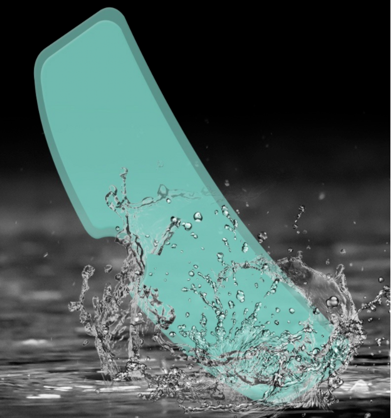 A blue phone with water splashing on it while being protected by a Universal Motorcycle Helmet Anti-fog Film.