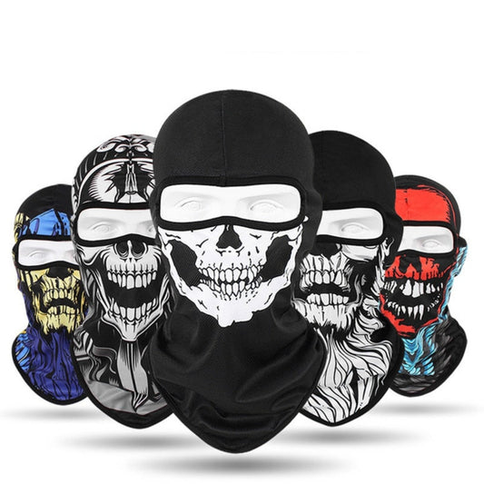 Five Skull Balaclava Full Face Masks with various designs are displayed, each featuring different colors and patterns, making them perfect for skiing, snowboarding, or motorcycle rides.