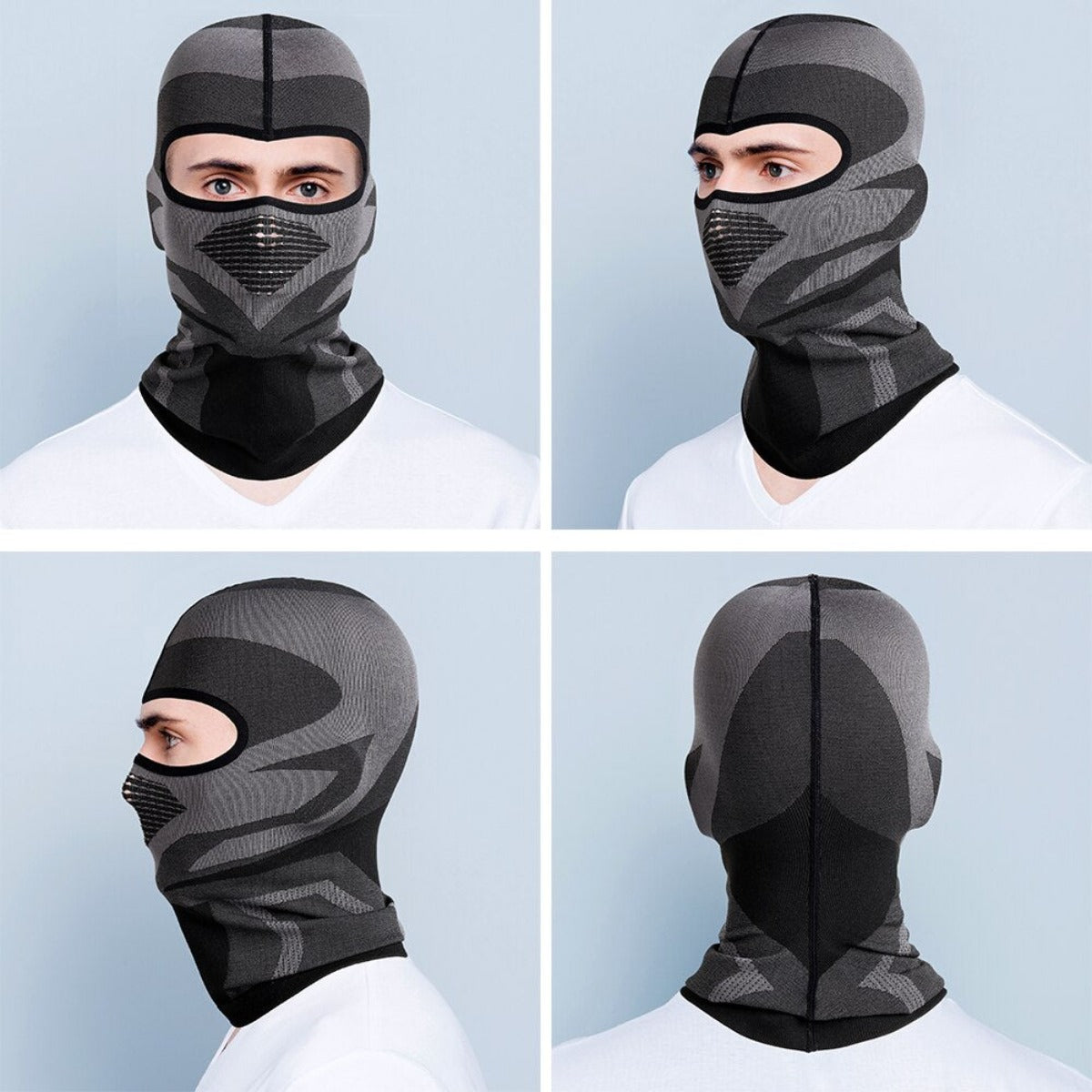 Four different views of a Breathable Motorcycle Full Face Cover-wearing man.