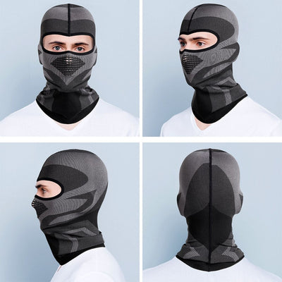 Four different views of a Breathable Motorcycle Full Face Cover-wearing man.