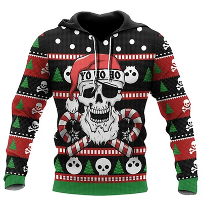 A Yo Ho Ho Santa Skull Ugly Hoodie Christmas Sweater with a geometric skull pattern.