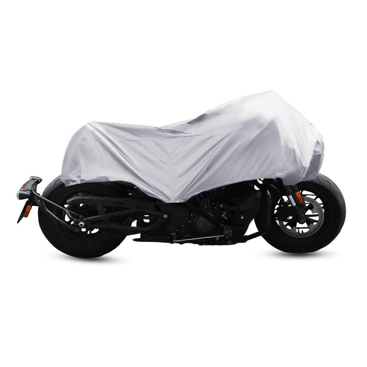 A Waterproof Motorcycle Half Cover, made from durable 210T polyester fabric, is expertly draped over a parked motorcycle, offering excellent protection against the elements.