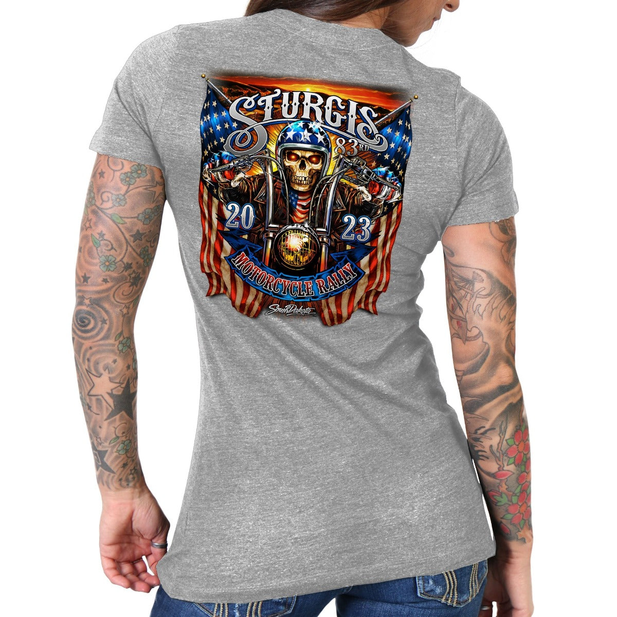 Hot Leathers 2023 Sturgis # 1 American Lady Double Sided Ladies T-Shirt, Gray