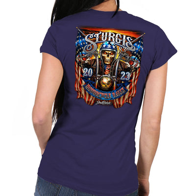 Hot Leathers 2023 Sturgis # 1 American Lady Double Sided Ladies T-Shirt, Navy Blue