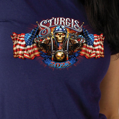 Hot Leathers 2023 Sturgis # 1 American Lady Double Sided Ladies T-Shirt, Navy Blue