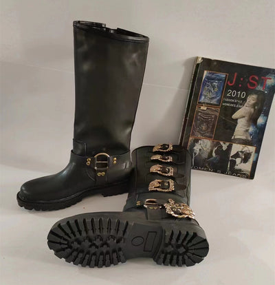 Men's Calf High Motorcycle Riding Boots with Skull Buckles