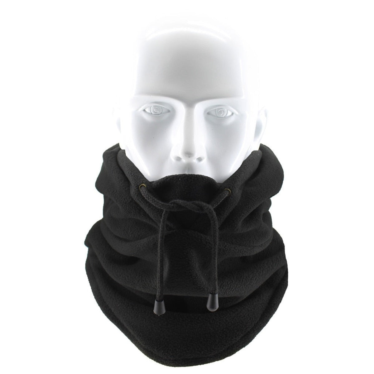 A black Thermal Fleece Hoodie Face Cover - Light Gray on a mannequin head.