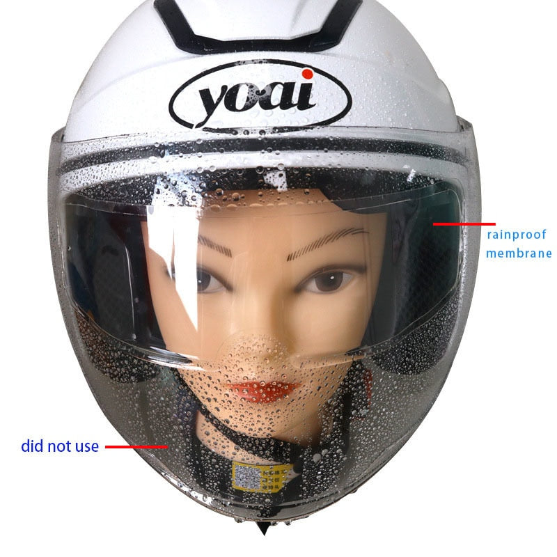 A Universal Motorcycle Helmet Anti-fog Film with an anti-fog film fitted on it, showcased on a mannequin.