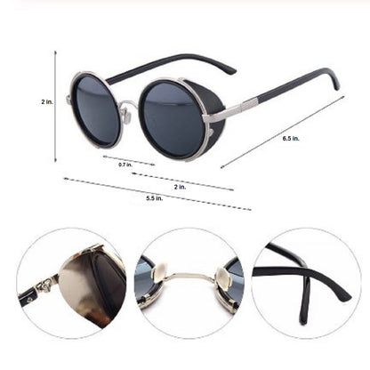 A pair of Motorcycle Vintage Round Sunglasses w/ UV 400 Protection, Silver/Black with a metal frame.