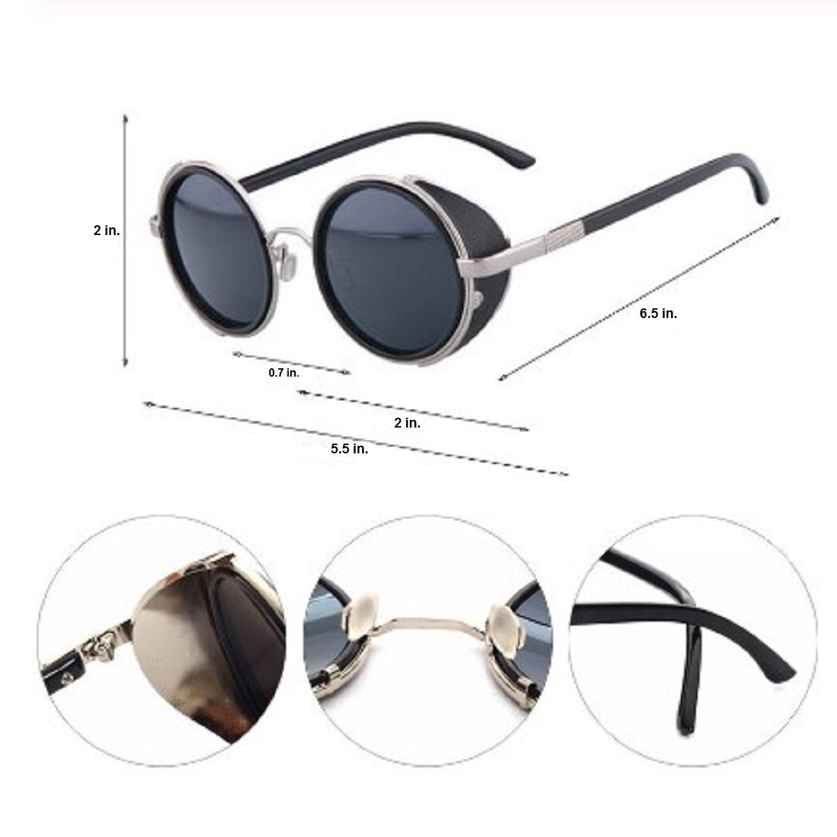 A pair of Motorcycle Vintage Round Sunglasses w/ UV 400 Protection, Silver/Black with a metal frame.