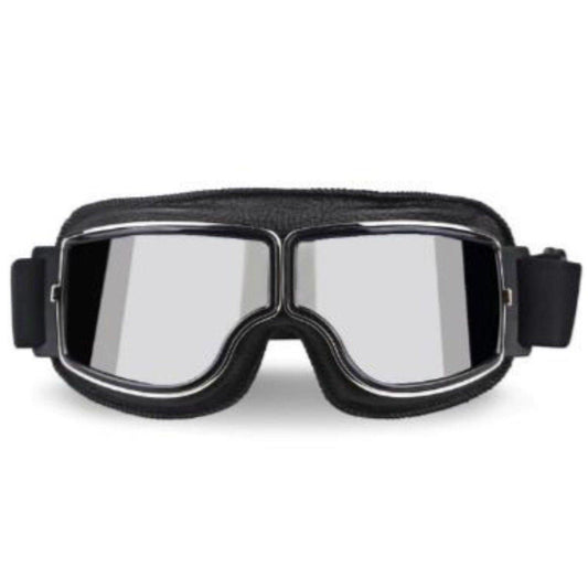 Vintage Aviator Motorcycle Goggles w/ Adjustable Strap, One Size, Black ABS Frame, Silver Lens - American Legend Rider