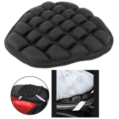 A black Rider's Comfort & Security Bundle: Motorcycle Seat Cushion and Dash Cam Recorder with a picture of a motorcycle, designed for Rider's Comfort & Security.