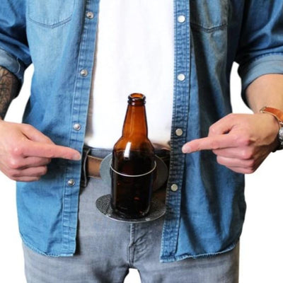 An American pride enthusiast proudly displaying The Original Belt Buckle Cup Holder, a unique belt buckle shaped like a beer bottle, showcasing his love for both beverages and the USA.