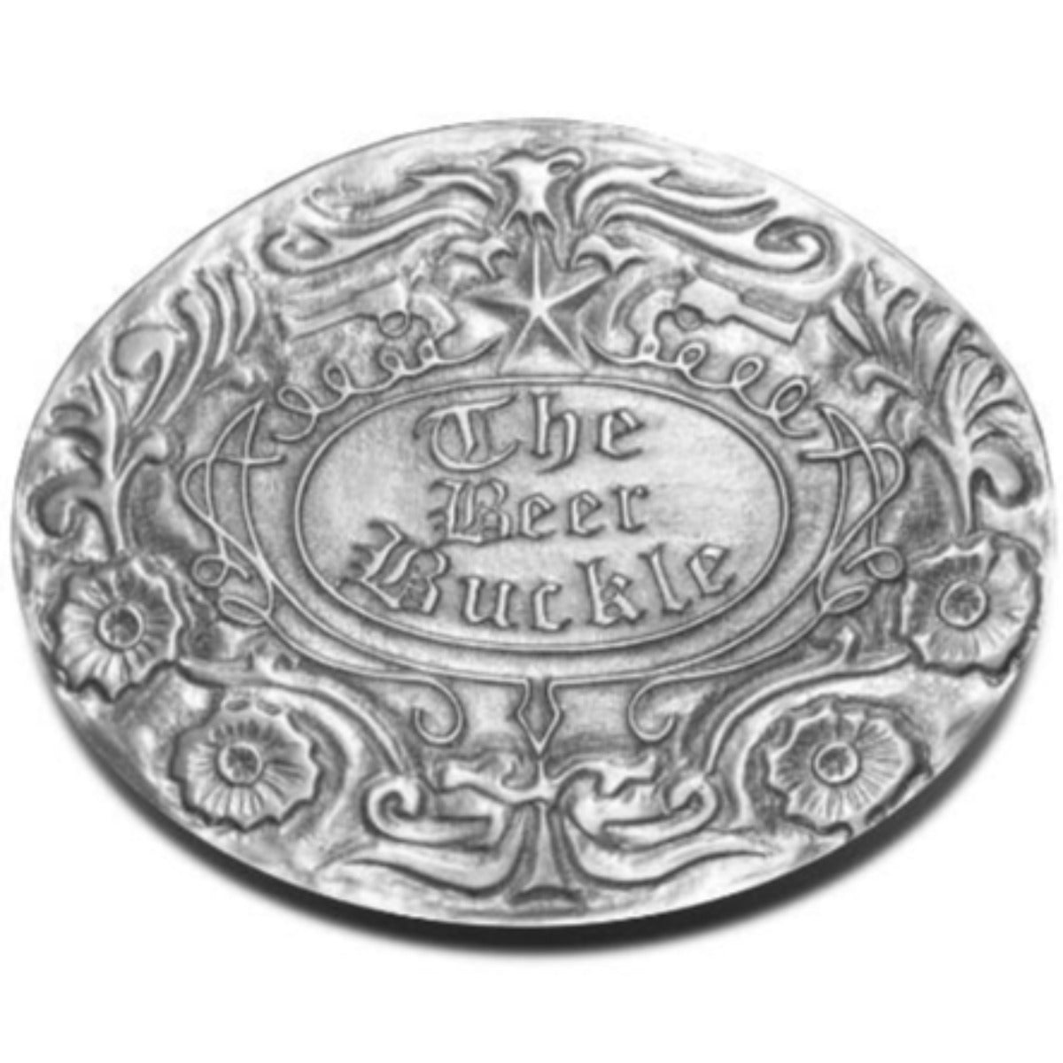 A USA-inspired silver buckle with an ornate design, exuding American pride, The Original Belt Buckle Cup Holder.