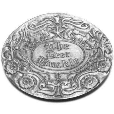 A USA-inspired silver buckle with an ornate design, exuding American pride, The Original Belt Buckle Cup Holder.
