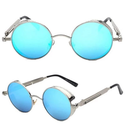 A pair of Rebel Steampunk Sunglasses plus Free 1% Er Ring Bundle with blue mirrored lenses that provide protected vision for the rebel biker.