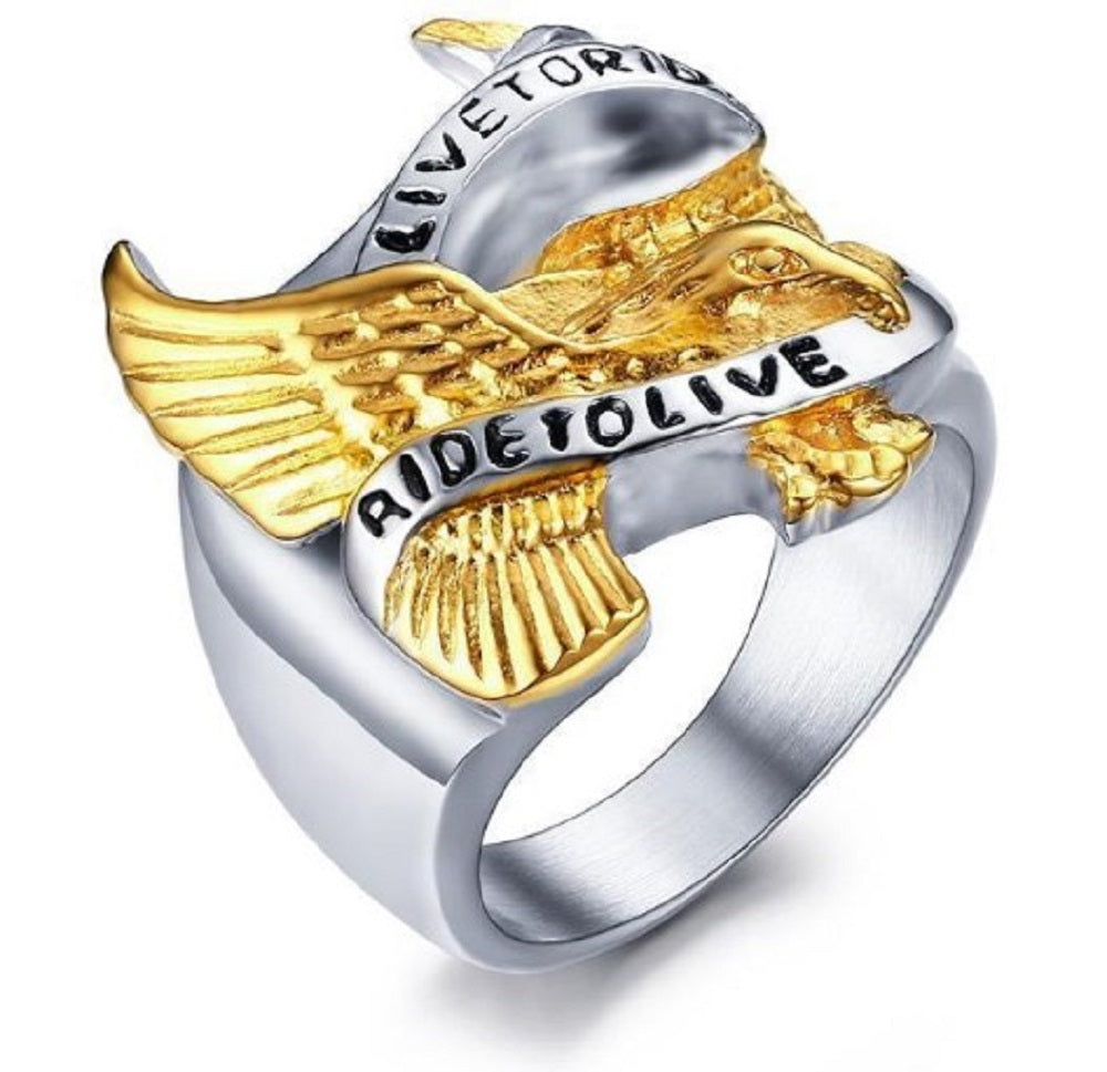 A Live to Ride Ring with an eagle on it.