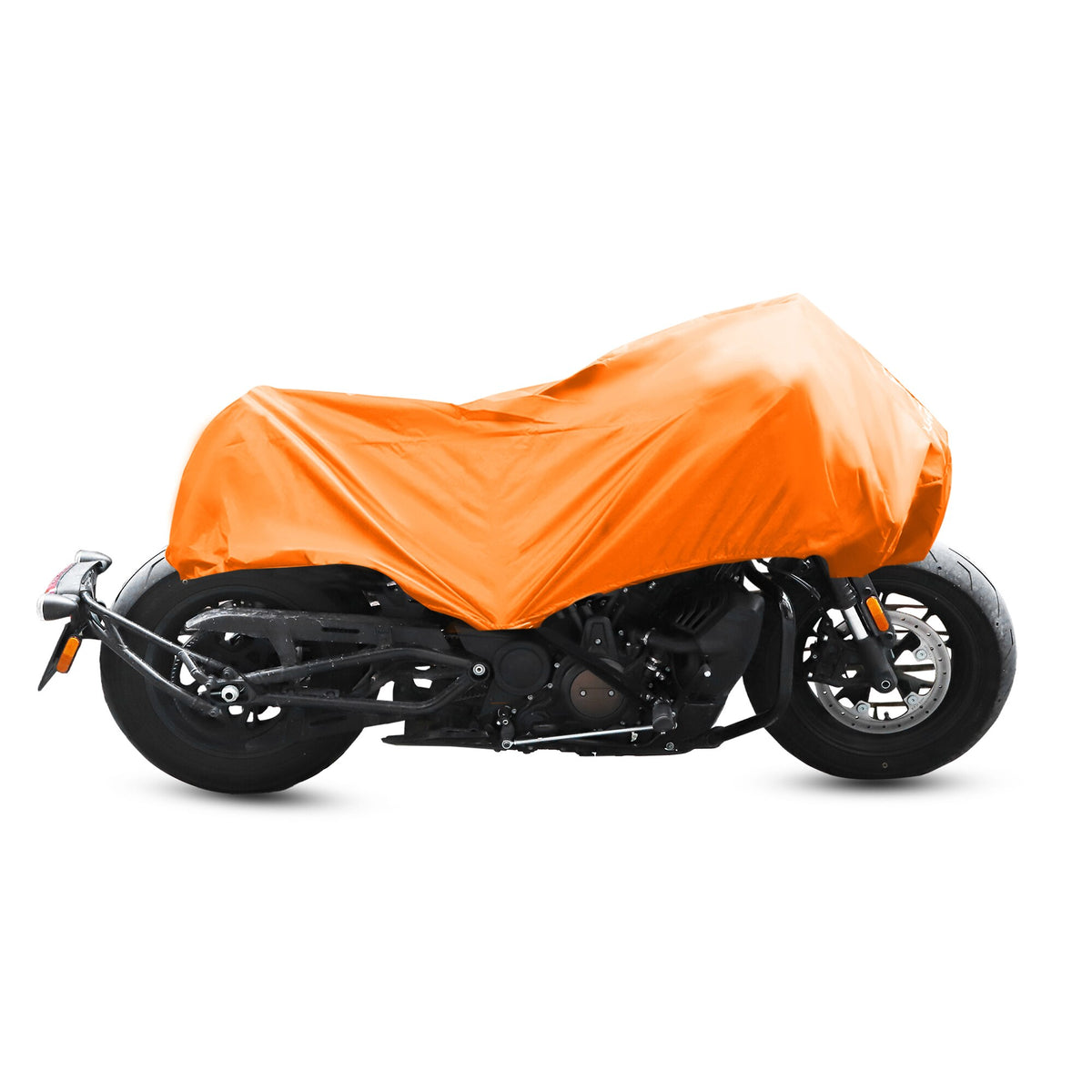 A motorcycle, protected by the Waterproof Motorcycle Half Cover, is parked against a plain white background. The orange cover, crafted from durable 210T polyester fabric, provides excellent protection for the motorcycle in any weather conditions.
