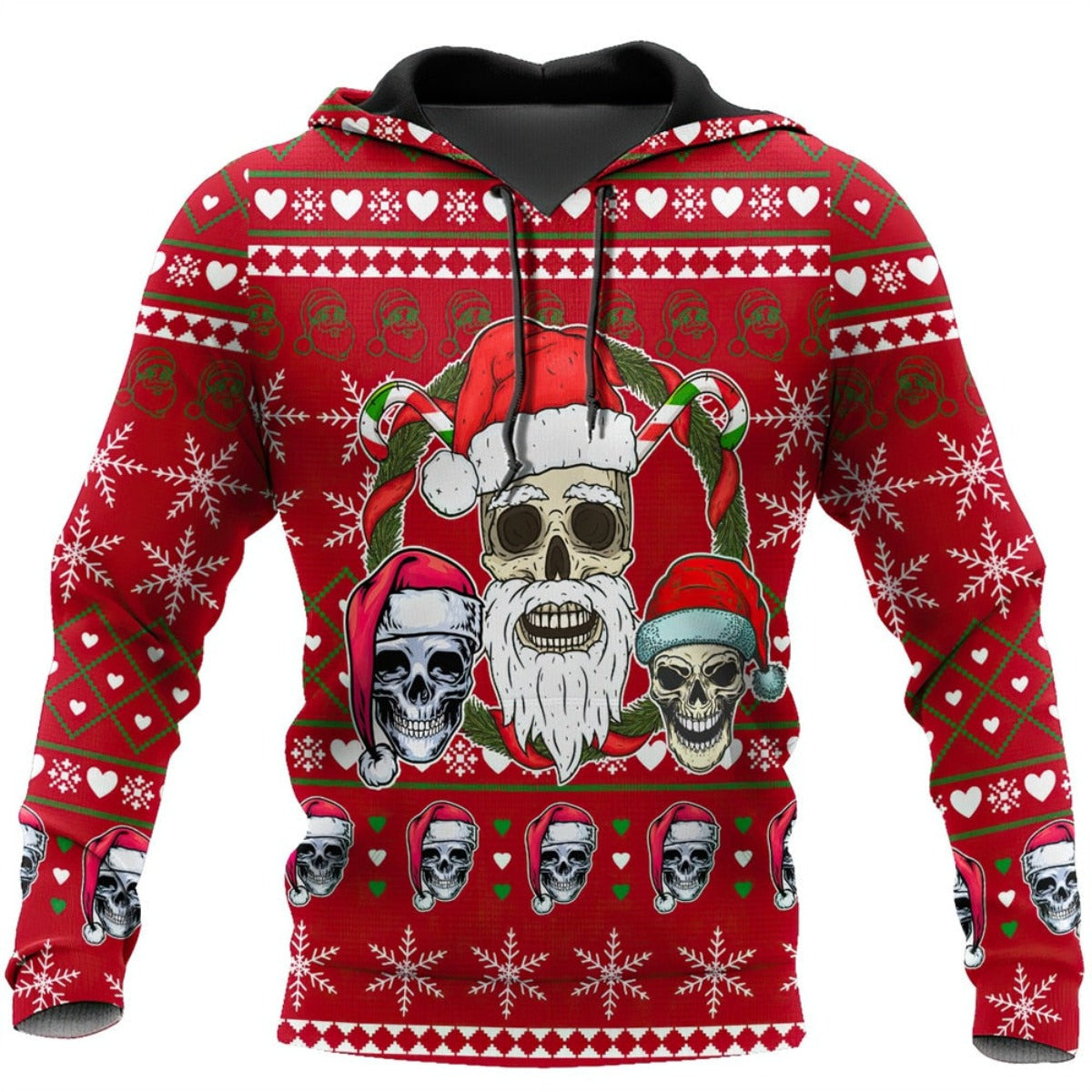 A Santa Skull Ugly Hoodie Christmas Sweater with skulls and geometric skull pattern on it.