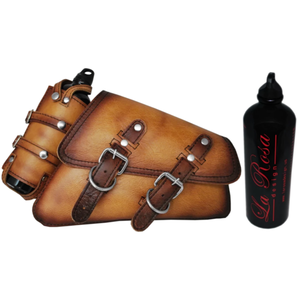 La Rosa Antique Leather Swing Arm Bag with Fuel Bottle - American Legend Rider