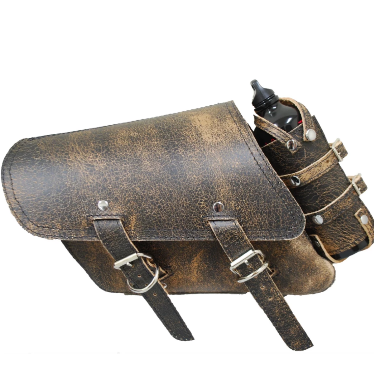 La Rosa Bolt On Rustic Leather Swing Arm Bag with Spare Fuel Bottle (Left Side) - American Legend Rider