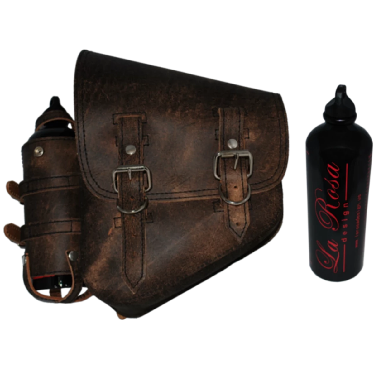 La Rosa Softail Rustic Saddle Bag with Spare Fuel Bottle Holder - American Legend Rider