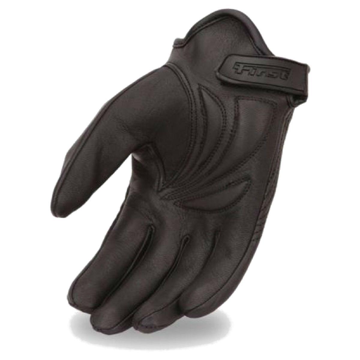 First Manufacturing Cruising Black Leather Gloves w/ Gel Palm & Velcro Wrist Strap - American Legend Rider