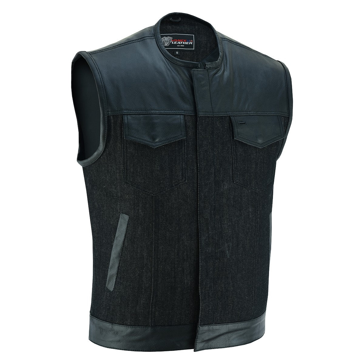 Vance Men's Collarless Black Denim & Leather Vest