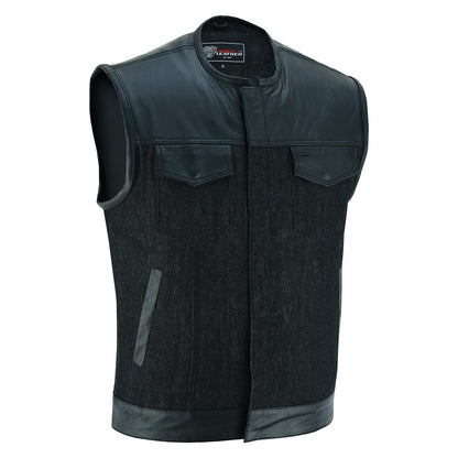 Vance Men's Collarless Black Denim & Leather Vest