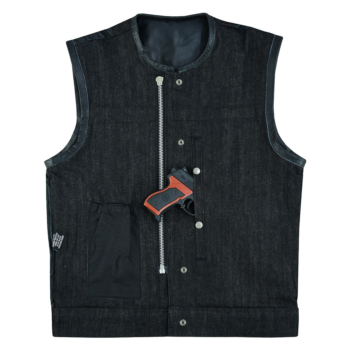 Vance Men's Collarless Black Denim & Leather Vest