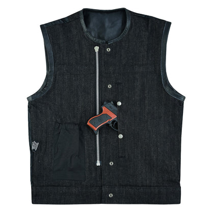 Vance Men's Collarless Black Denim & Leather Vest