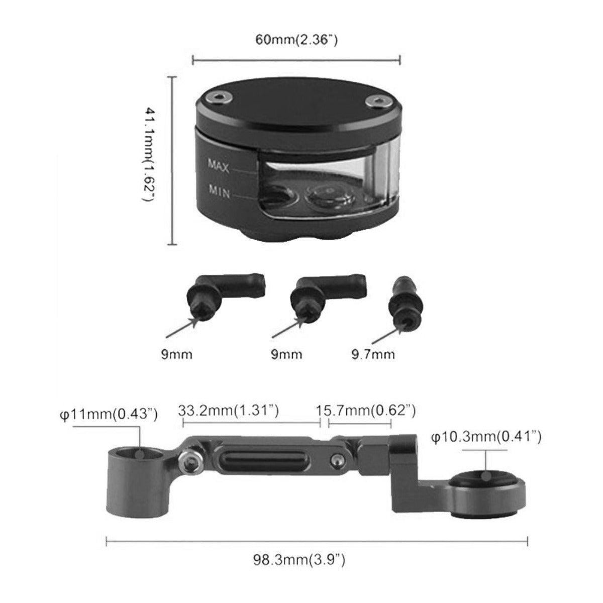Image showing a black, cylindrical device with dimensions specified as 60mm in diameter and 41.1mm in height, accompanied by additional parts with specified measurements. Made from CNC machined aluminum & PMMA, the Motorbike Clutch & Brake Cylinder Fluid Reservoir Cup - Blue is a universal motorcycle brake fluid reservoir ideal for any motorbike brake clutch tank cylinder.