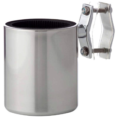 A versatile Diamond Plate™ Universal Stainless Steel Cup Holder with a black rubber handle perfect for motorcycles.