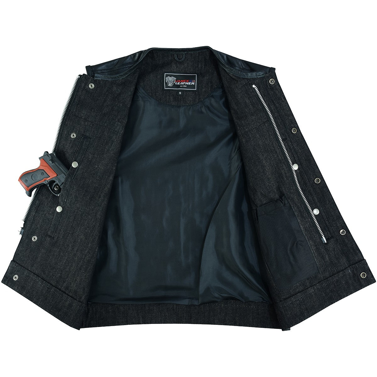 Vance Men's Collarless Black Denim & Leather Vest