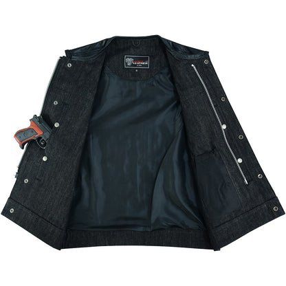 Vance Men's Collarless Black Denim & Leather Vest