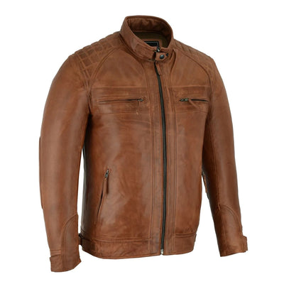 A Vance Cafe Racer Austin Brown Leather Jacket made from lambskin leather.