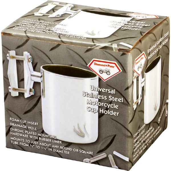 A versatile Diamond Plate™ Universal Stainless Steel Cup Holder with a picture.