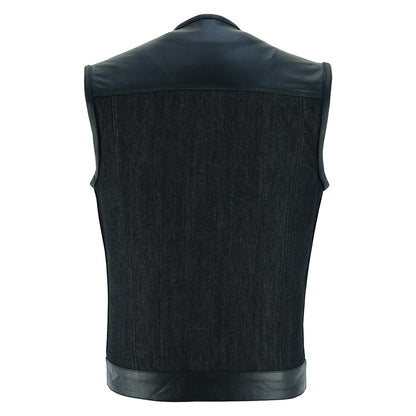 Vance Men's Collarless Black Denim & Leather Vest