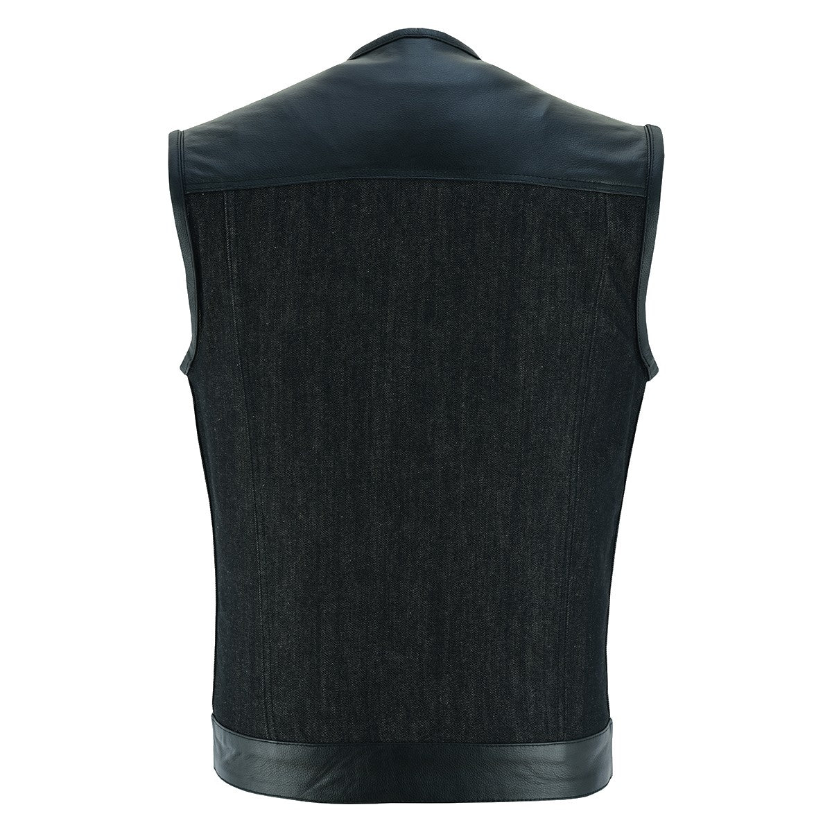 Vance Men's Collarless Black Denim & Leather Vest