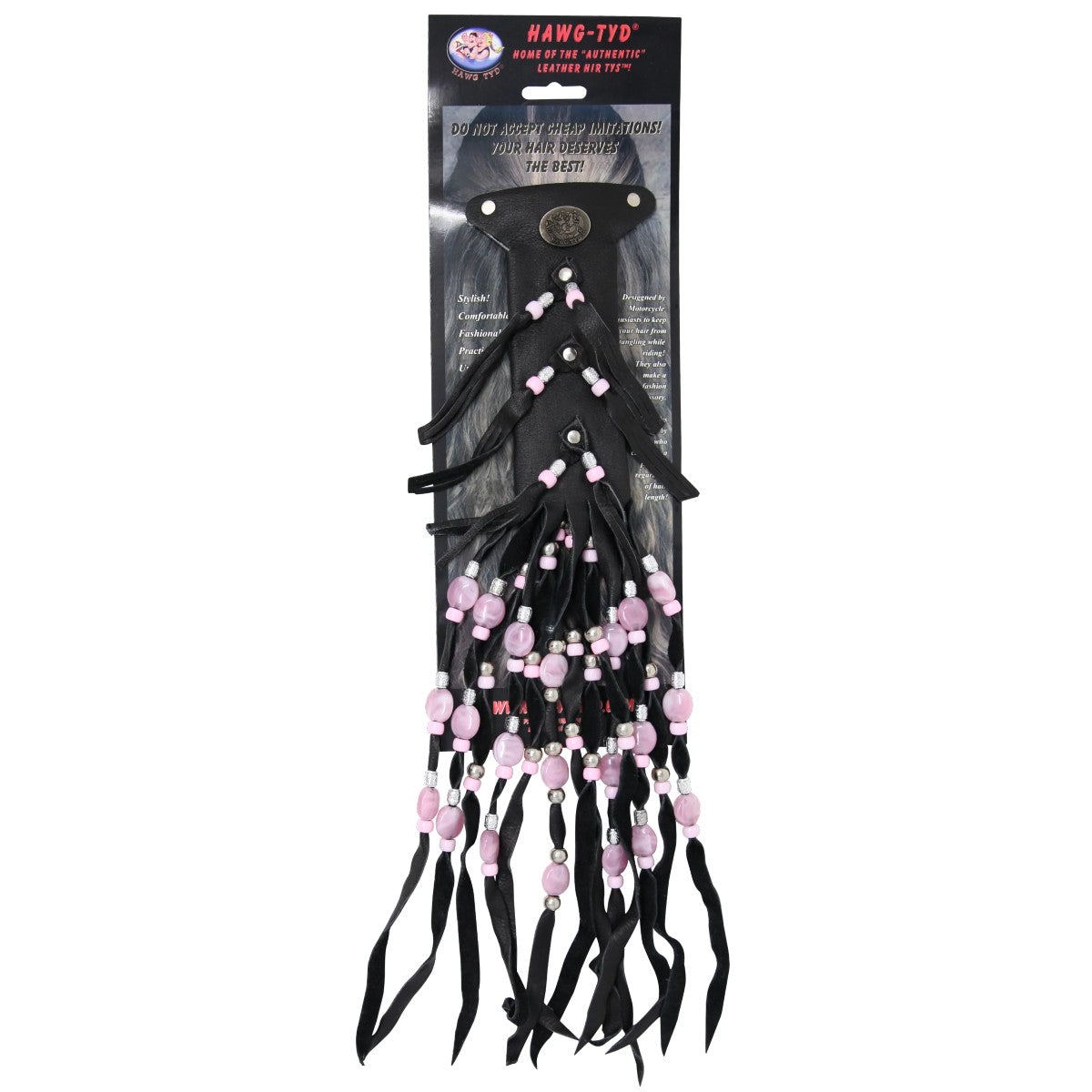 HTPink "Hawg Tyd" The Authentic Leather Hair TYS - Pink Beads