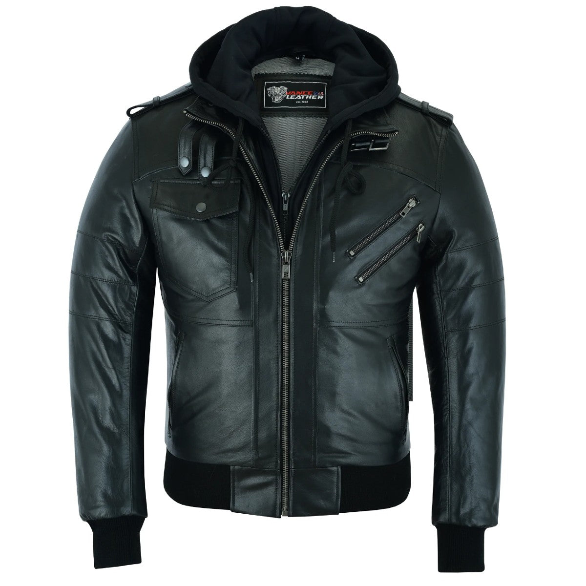Vance Bomber Cowhide Leather Jacket with Removeable Hood