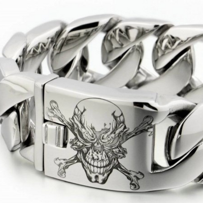 Men's 316L Stainless Steel Handmade Pirate Link Bracelet, 1" Wide, 0.3" Thick, Silver Tone