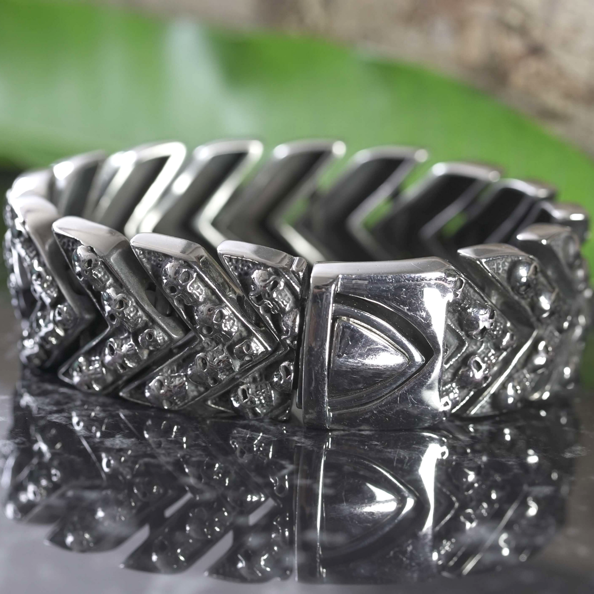 A Men's Biker Punk Stainless Steel Bracelet 8.5 x 1 In with diamonds on it.