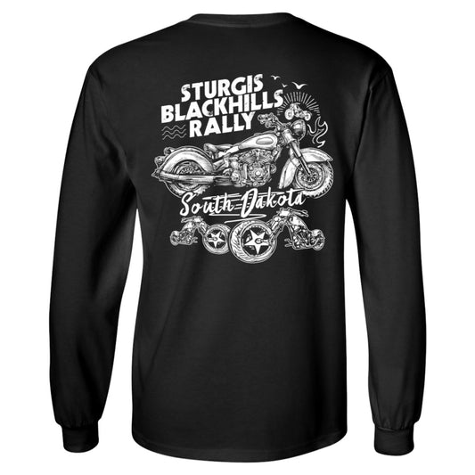 Sturgis Black Hills Rally, The Legend Lives On Long Sleeve T-Shirt, made from 100% cotton in black, features a white digital print graphic of a motorcycle and the text "Sturgis Black Hills Rally, South Dakota." It is available in unisex sizing.