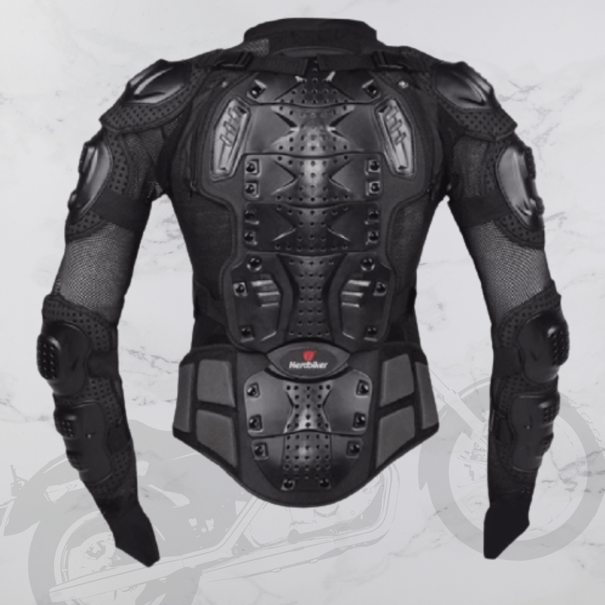 The durable black motorcycle jacket provides safety with its Cool Motorcycle Body Armor Set.