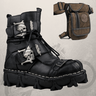 A pair of Handmade Skull Leather Boots + Free Leg Bag Bundle with skull details, accompanied by a skull-adorned bag.