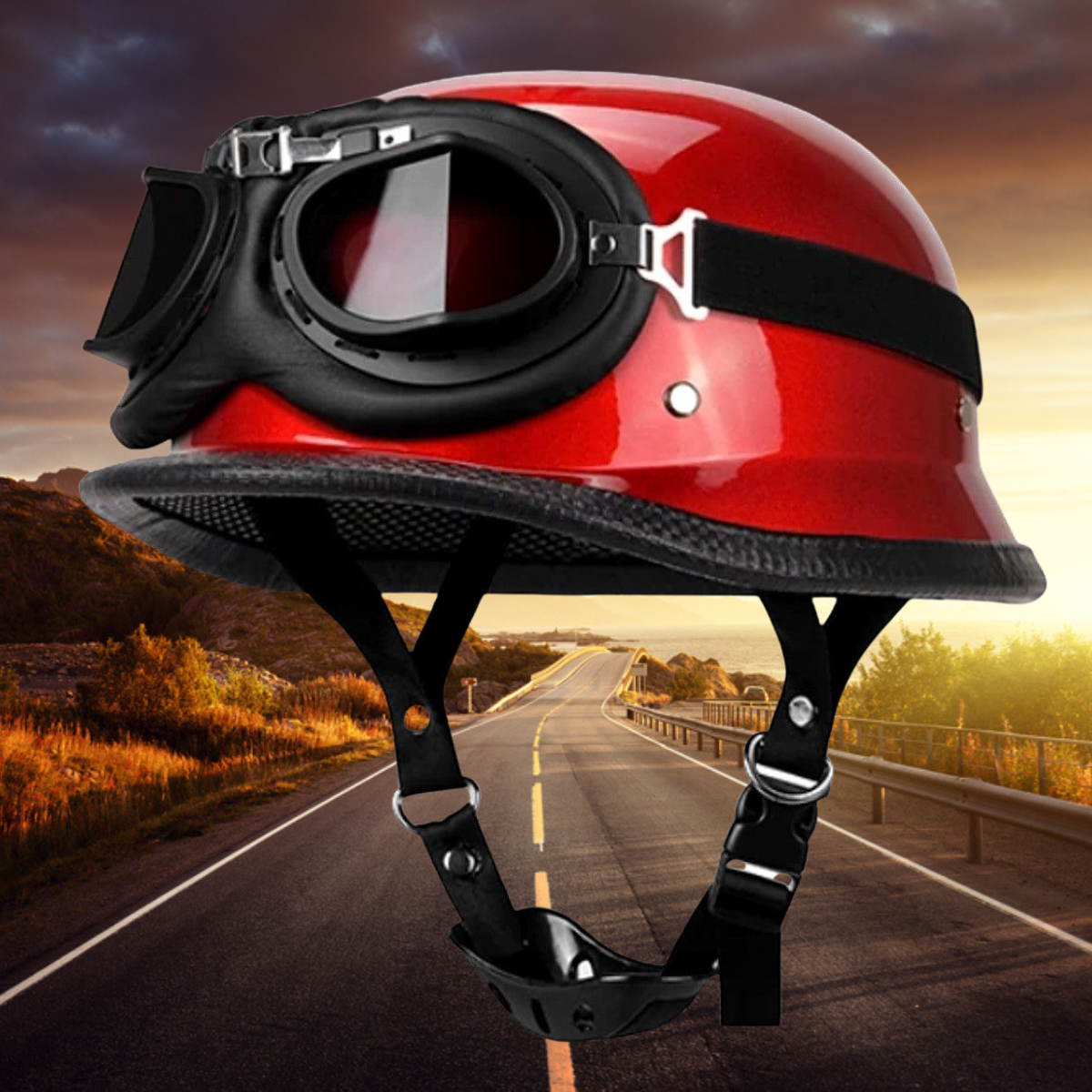 A high-quality Glossy Red German Motorcycle Helmet with goggles on the road.